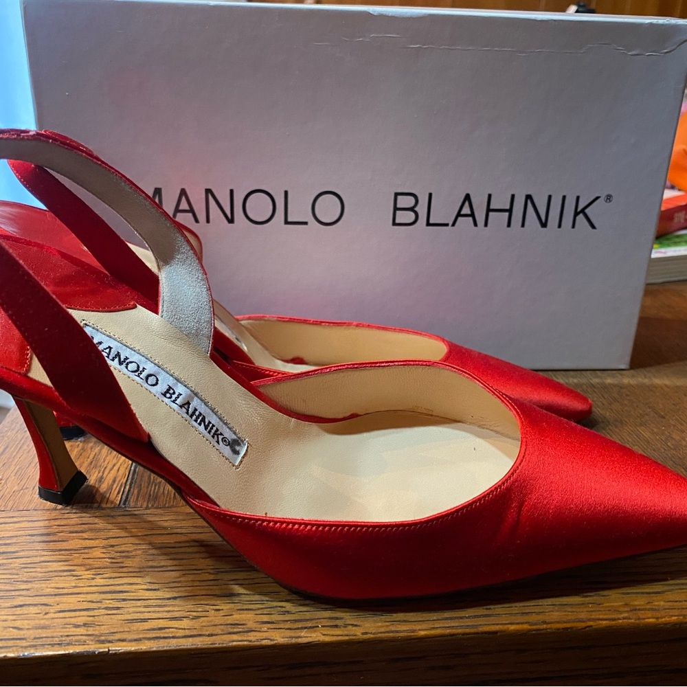 Manolo Blahnik Scarlet Satin Slingbacks